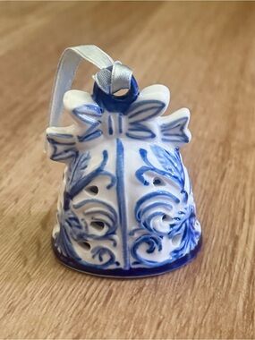 Delft Blue White Porcelain Pierced Bell Ornament Floral Bow Mini Decor 2.5”